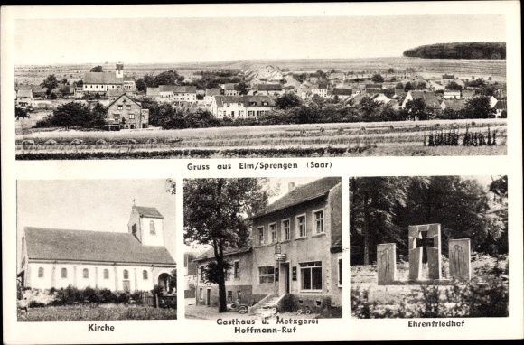 Postcard Sprengen Elm Schwalbach an der Saar, cemetery of honor, inn, church, total view