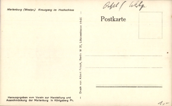 Postcard Malbork Marienburg West Prussia, cloister in the high castle