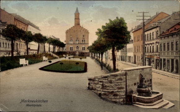 Postcard Markneukirchen im Vogtland, market square, buildings, trees, street view