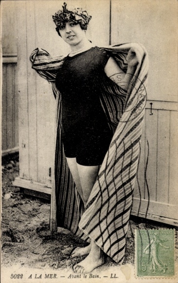 Postcard beach, woman in swimsuit, swimwear