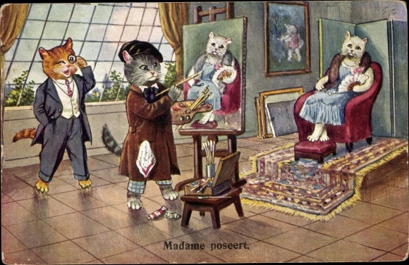Künstler Ak, Katzen, Maler, Monokel, Anzug