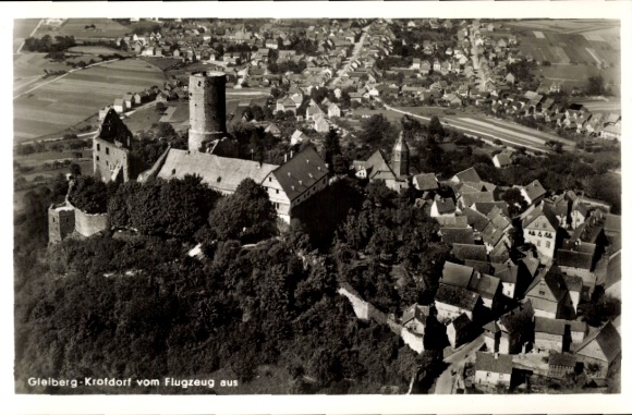 Postcard Krofdorf Gleiberg Wettenberg in Hesse, aerial photograph, Gleiberg, castle, houses, fields