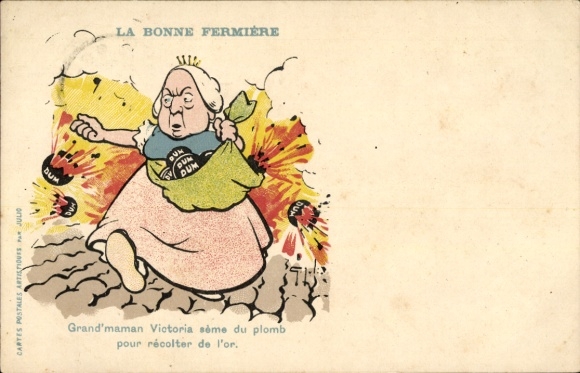 Artist Postcard Boer War, The Good Farmer's Wife, Caricature, Queen Victoria sowing bombs