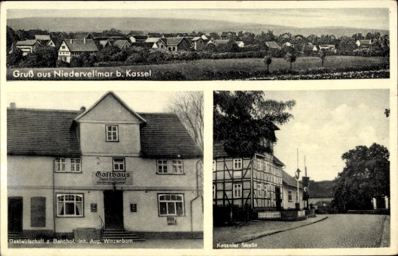 Postcard Niedervellmar Vellmar Hesse, inn to the train station, Kasseler Straße, half-timbered house