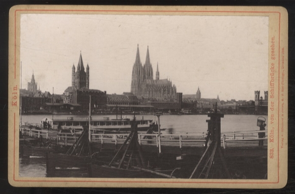 Cabinet Photo Cologne, view over the Rhine from Schiffsbrücke, cathedral, silhouette of the city