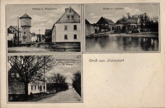 Ak Jüdendorf Steigra in Saalekreis, dorp, watertoren, winkel, school, vijver