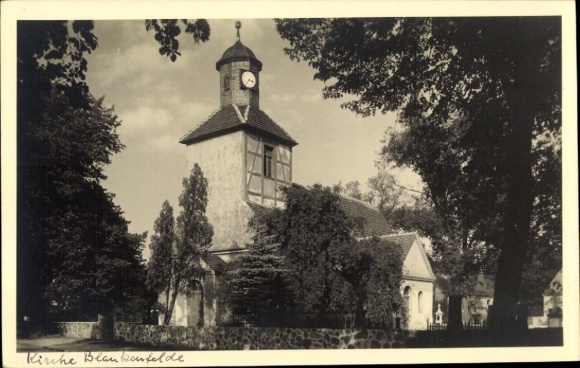 Postcard Blankenfelde in Brandenburg, church tower with clock, trees, sunny sky