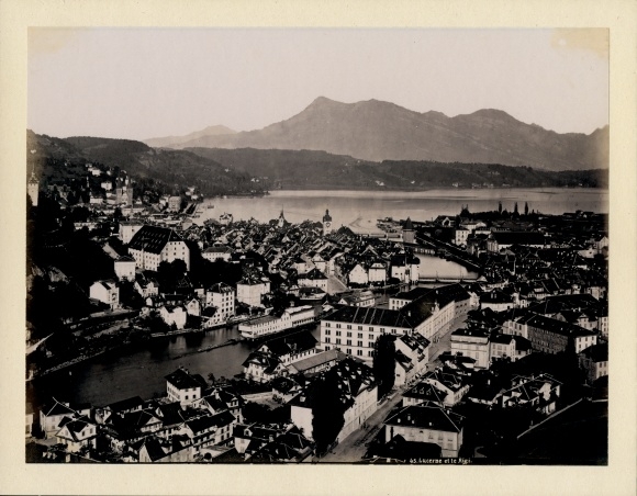 Photo around 1880, Lucerne city Switzerland, view across Lake Lucerne to Mount Rigi