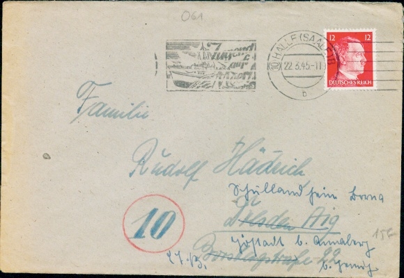 (10) Halle Saale 8 / b / 22.03.1945, Maschinenstempel Jugend aufs Meer, Brief mit 12 Pf Hitler