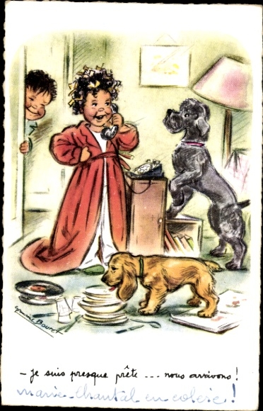 Artist Postcard Bouret, Girl on the phone, dog watching, boy listening behind the...