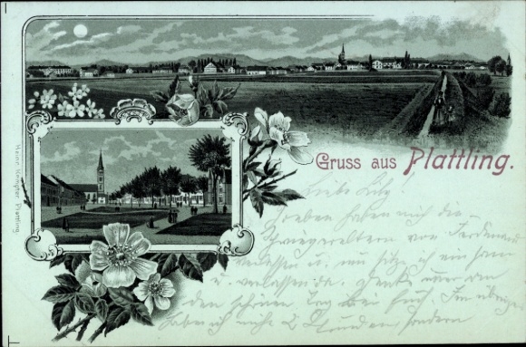Moonlight Chromo-Litho Plattling in the Gäuboden Lower Bavaria, Panorama, Market