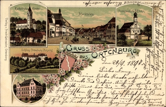 Coat of arms Chromo-Litho Ortenburg Lower Bavaria, Protestant Church, Castle, Kornfirmadenhaus