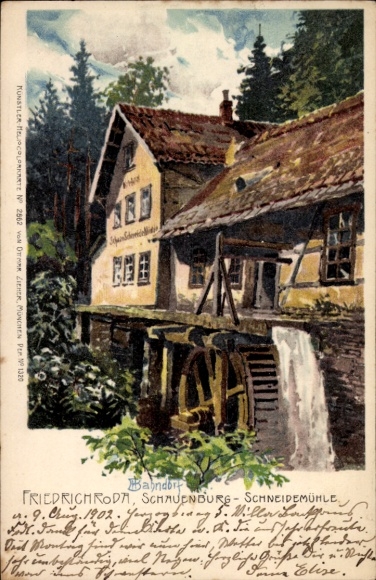 Kunstenaarskaart Bahndorf, Heribert, Friedrichroda in het Thüringer Woud, Schauenburg, Schneidmühle