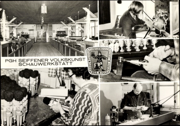 PC Seiffen in the Erzgebirge, PGH Seiffen folk art, show workshop, coat of arms, nutcracker, lathe