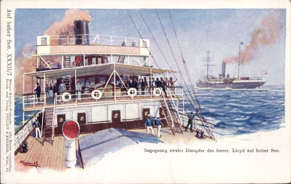Artist Postcard Encounter of two steamers of the Austrian Lloyd on the high seas