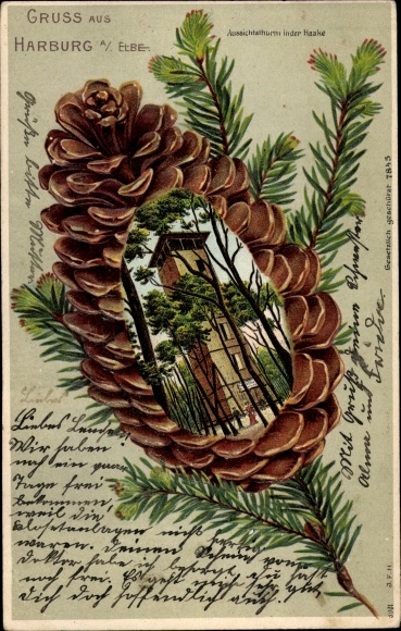 Embossed fir cones Chromo-Litho Hamburg Harburg, observation tower in the Haake