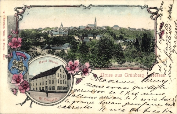 Postcard Grünberg in Hesse, total view, Hotel Hirsch