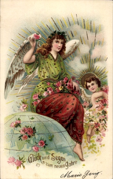 Embossed Postcard Congratulations New Year, Angel, Sunshine, Earth
