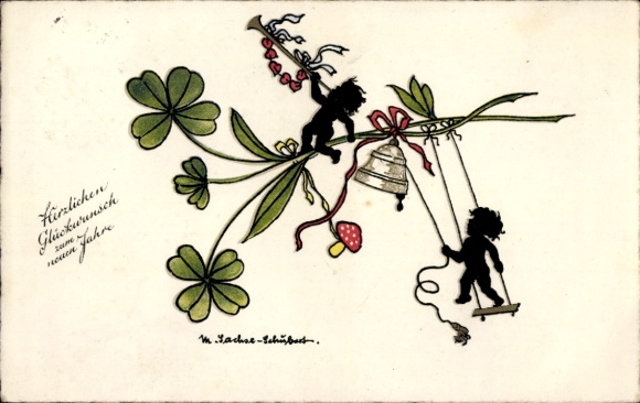 Paper cutting Postcard Sachse Schubert, Happy New Year, angel, bell, clover