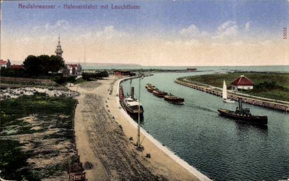 Postcard Nowy Port Neufahrwasser Gdańsk Danzig, harbor entrance with lighthouse