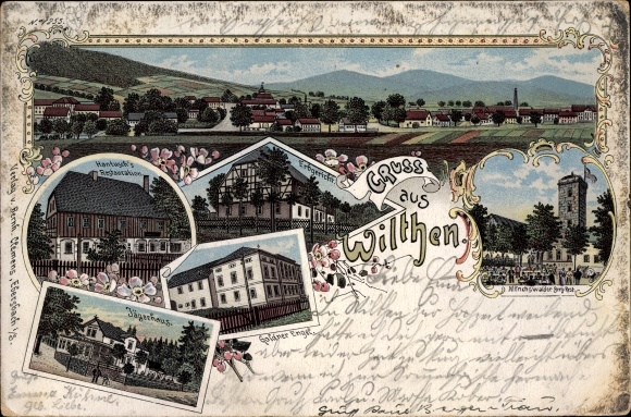 Litho Wilthen in Sachsen, Restauration, Erbgericht, Jägerhaus, Gasthaus Goldener Engel