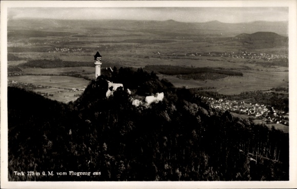 Postcard Kirchheim unter Teck Württemberg, Teck Castle from above, landscape, airplane view