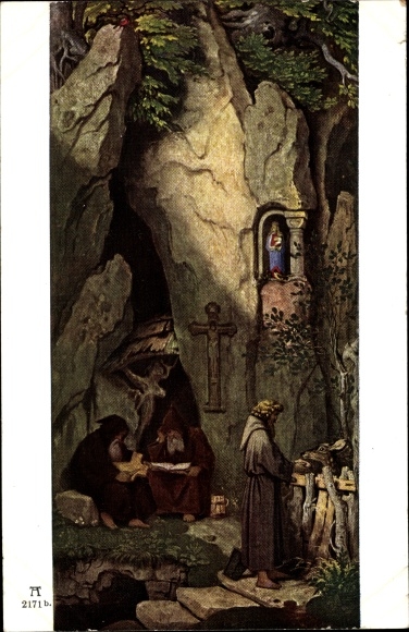 Artist Postcard Schwind, Moritz von, Three hermits in a rock grotto