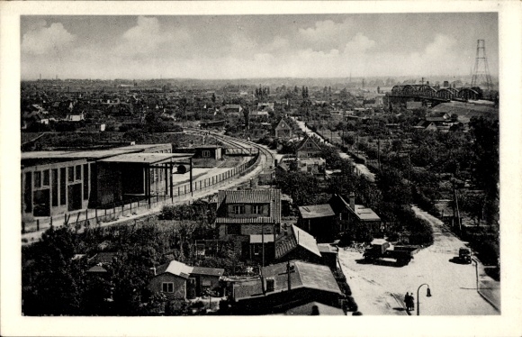 Ansichtkaart Hamburg Bergedorf Moorfleet, panorama, vrachtwagen, brug, spoorlijnen
