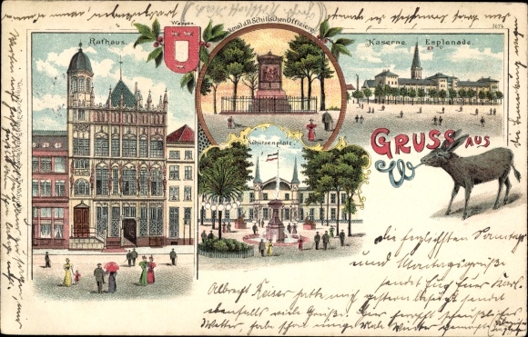 litho Wesel aan de Nederrijn, stadhuis, Schützenplatz, monument, kazerne, esplanade