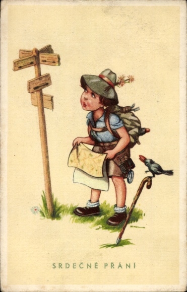 Postcard boy standing at the signpost, hiker, map
