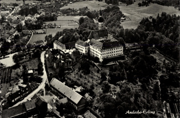 Postcard Erling Andechs in Upper Bavaria, aerial photograph, monastery shop