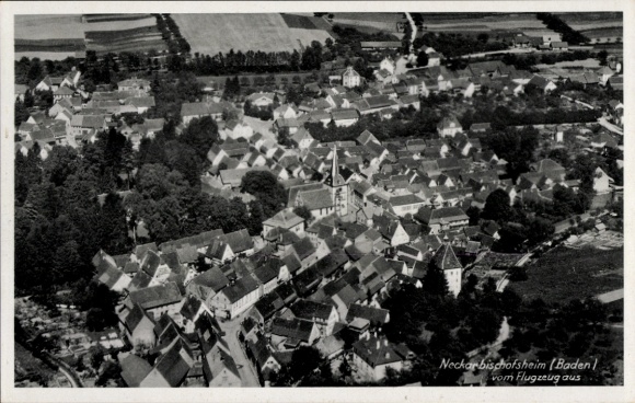 Postcard Neckarbischofsheim in Baden, aerial photograph, city view, typical architecture, church