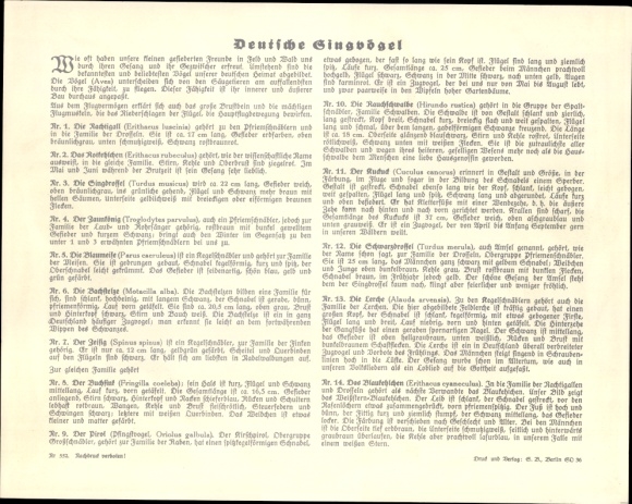 Timetable Sparkasse Herzogtum Gotha, German songbirds, blackbird thrush finch around 1930