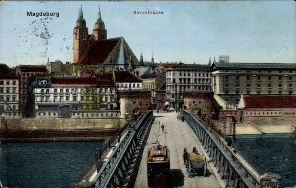 Postcard Magdeburg on the Elbe, river bridge, tram, cathedral