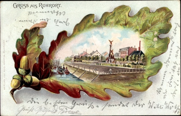 Eichblatt Chromo-Litho Ruhrort Duisburg in the Ruhr area, monument, river section