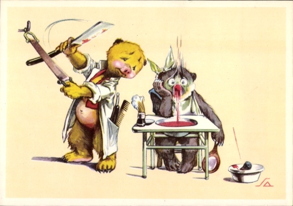 Artist Postcard Brown Bear at the Barber, Nose Off