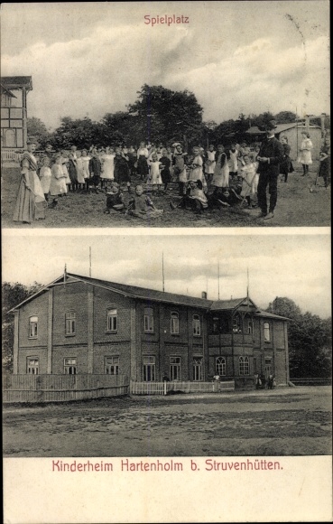 Postcard Hartenholm in Schleswig Holstein, children&#39;s home, playground, group picture