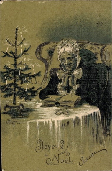 Artist Chromo-Litho Congratulations Christmas, Praying Woman, Christmas Tree
