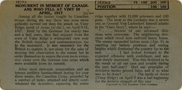 Stereo photo Memorial to the Canadians who died near Vimy in 1917, WW I