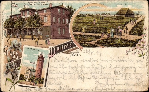 Chromo-Litho Baltic resort Dahme in Holstein, lighthouse, beach, beach hotel