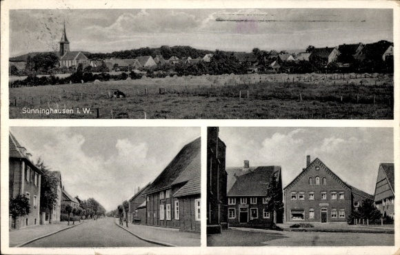 Ak Sünninghausen Oelde in Münsterland, landschap met kerk, dorpsgezicht, straat, oude gebouwen