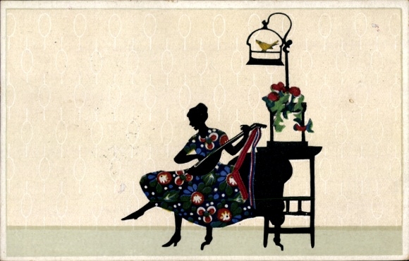 Paper cutting Postcard Graf, Marte, silhouette, at the lute
