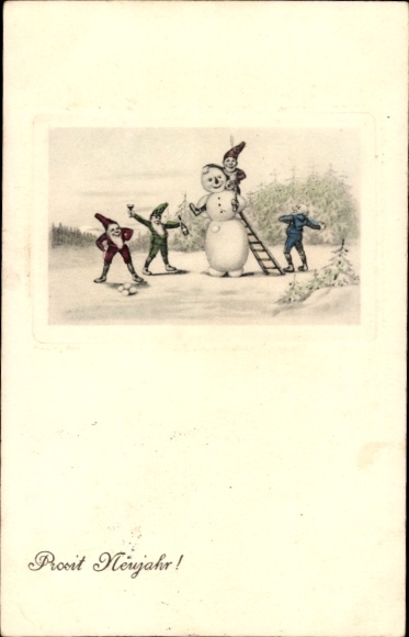 Passepartout Postcard Congratulations New Year, dwarves, snowman