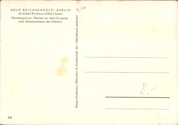 Postcard Berlin, New Reich Chancellery, Marble Gallery, Guardhouse, Führer's Study, Arch. Albert Speer
