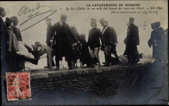 Ansichtkaart Messina Sicilië, Vittorio Emanuele III., Koning Victor Emanuel III. bezocht aardbevingsgebied 1908