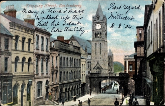 Postcard Derry Londonderry Northern Ireland, Shipquay Street, clock tower, shops, street