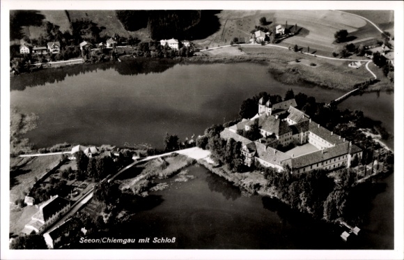 Postcard Seeon Seebruck am Chiemsee Upper Bavaria, aerial photograph, Chiemgau with castle