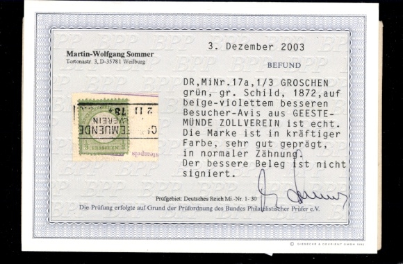 Michel No. 17a on visitor advice, stamp Feuser 1084 Geestemünde Zollverein, November 2nd, 1878