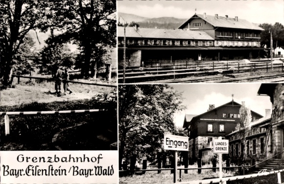 Ak Bayerisch Eisenstein in Niederbayern, Grenzbahnhof, Landesgrenze, Schranke