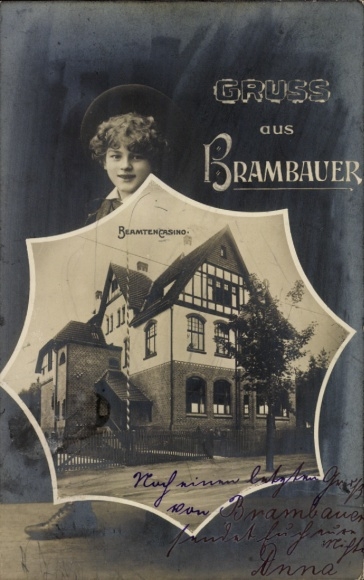 Postcard Brambauer Lünen in Westphalia, boy, the civil servants' casino, greetings from Brambauer